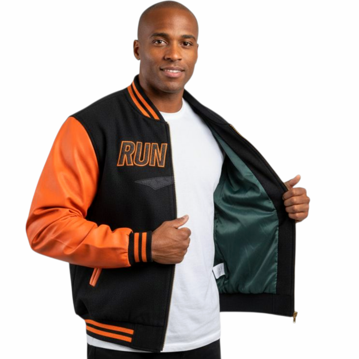 RUNIQUE Heritage Varsity Jacket | Black & Orange