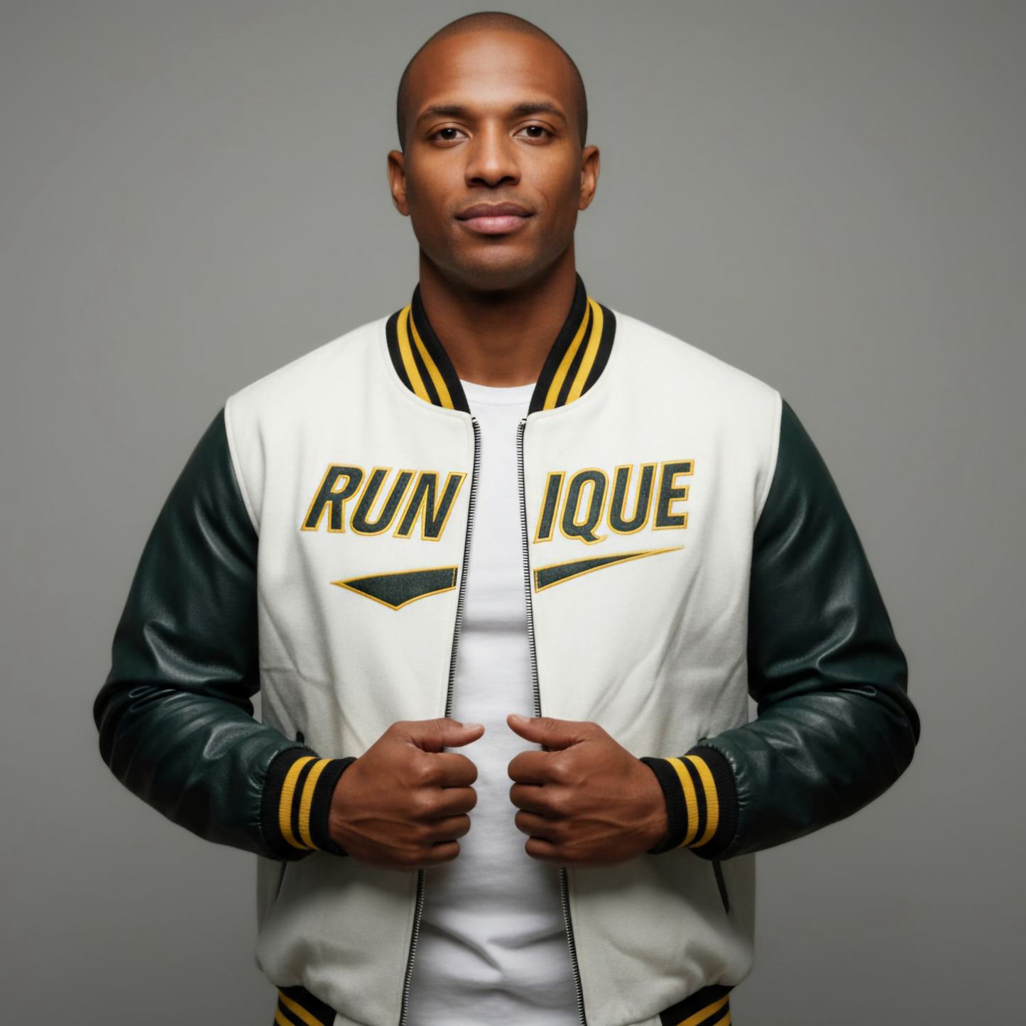 RUNIQUE Heritage Varsity Jacket | White & Green