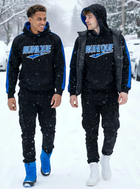 RUNIQUE Signature Hoodie – Black & Royal Blue Edition (450 GSM Premium Cotton)