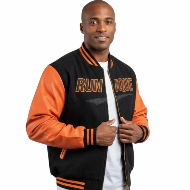 RUNIQUE Heritage Varsity Jacket | Black & Orange