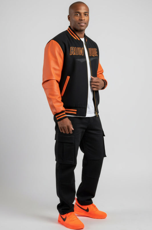 RUNIQUE Heritage Varsity Jacket | Black & Orange